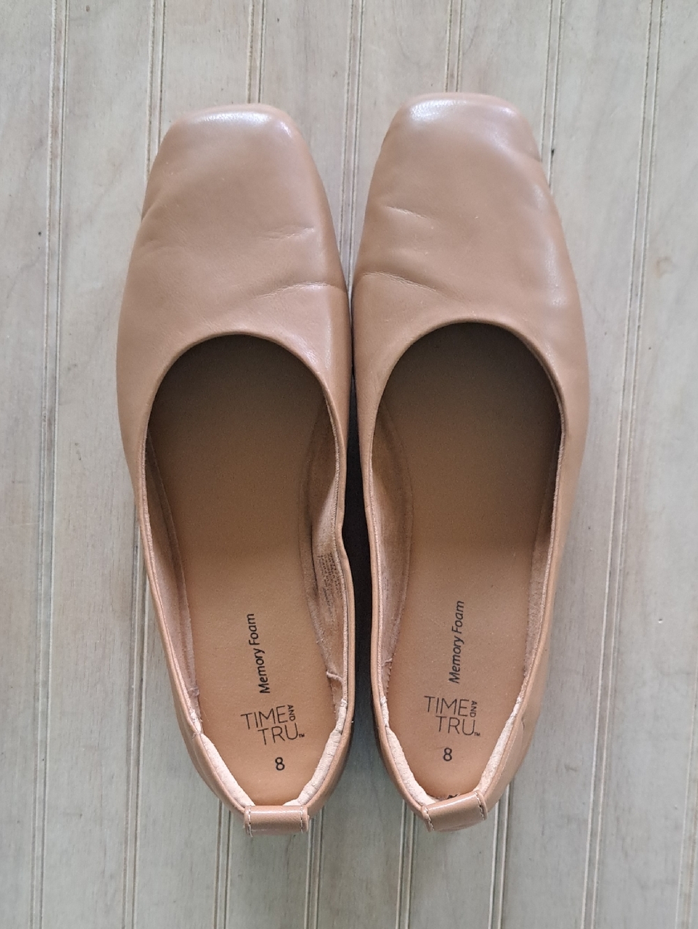 Time and Tru Square Toe Ballet Flat Tan Memory Foam Minimalist Chic Slip On